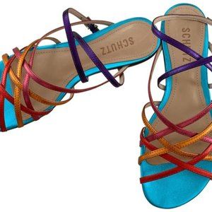 Brand New SCHUTZ Blue Gold Leather Flat Sandals
